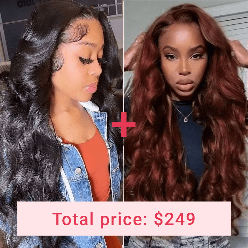 Nadula Whatsapp 2 Wigs 18Inch #33 Red Brown Auburn Body Wave Lace Front Wig + 18 Inch Natural Black Lace Part Wig