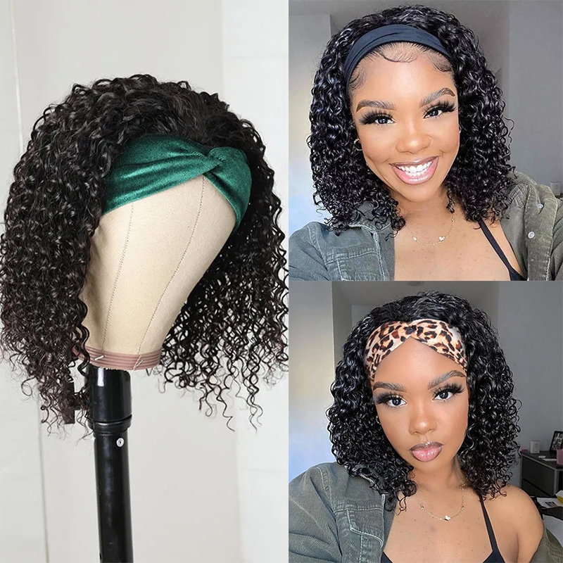 Nadula Whatsapp Flash Deal Curly Bob Headband Wigs Natural Black Human Hair Bob Wigs Short Curly Wigs 150% Density