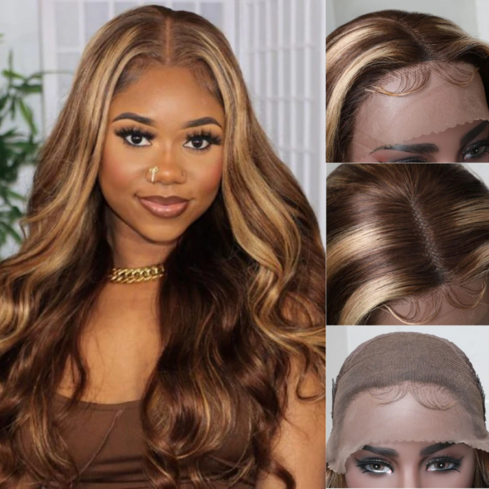 Nadula Piano Honey Blonde Body Wave Lace Front Wigs Shadow Root