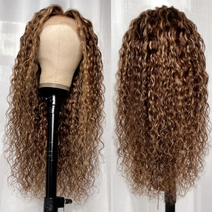 Nadula Honey Blonde Water Wave Highlight Wig X Lace Front Human Hair Wigs Pre Plucked Piano