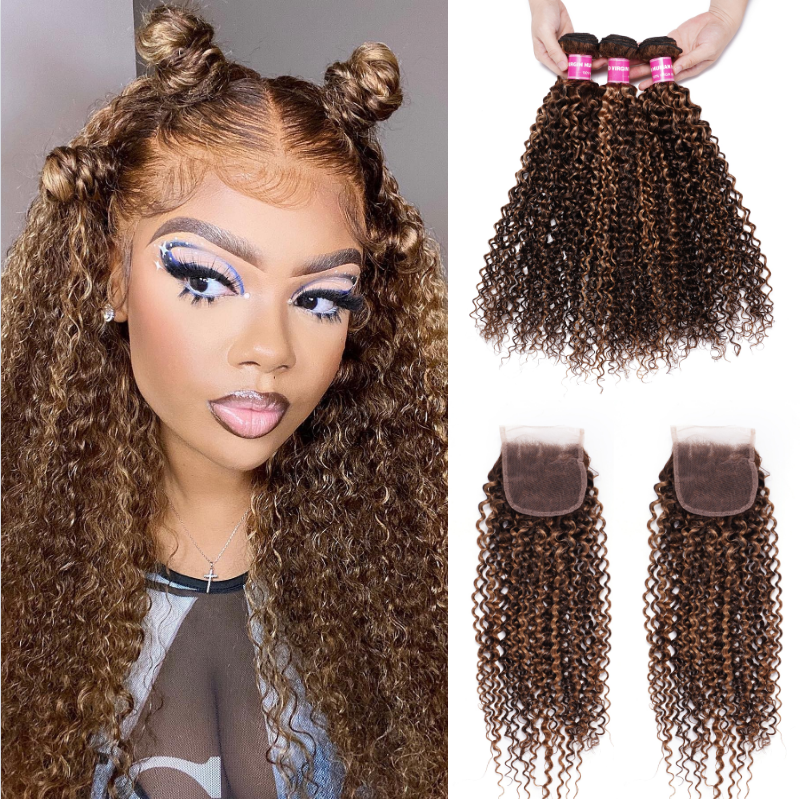 

Nadula Curly Human Hair Bundles With Closure Honey Blond Highlight Brown Color 3 Bundles with Lace Closure