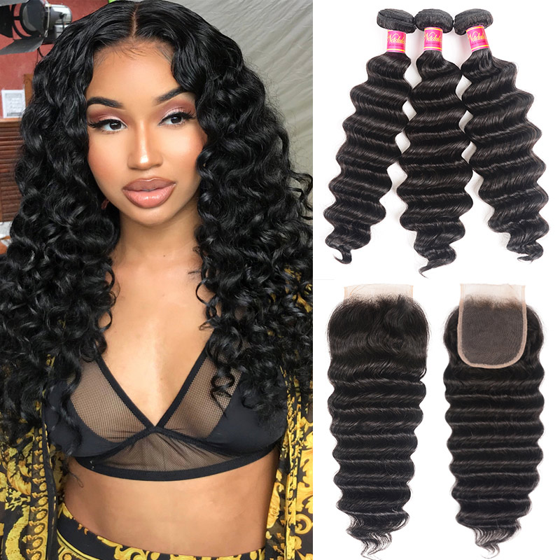 

Nadula 3 Bundles Loose Deep Wave Bundles With 4x4 Lace Closure Soft Unprocessed Virgin Human Hair