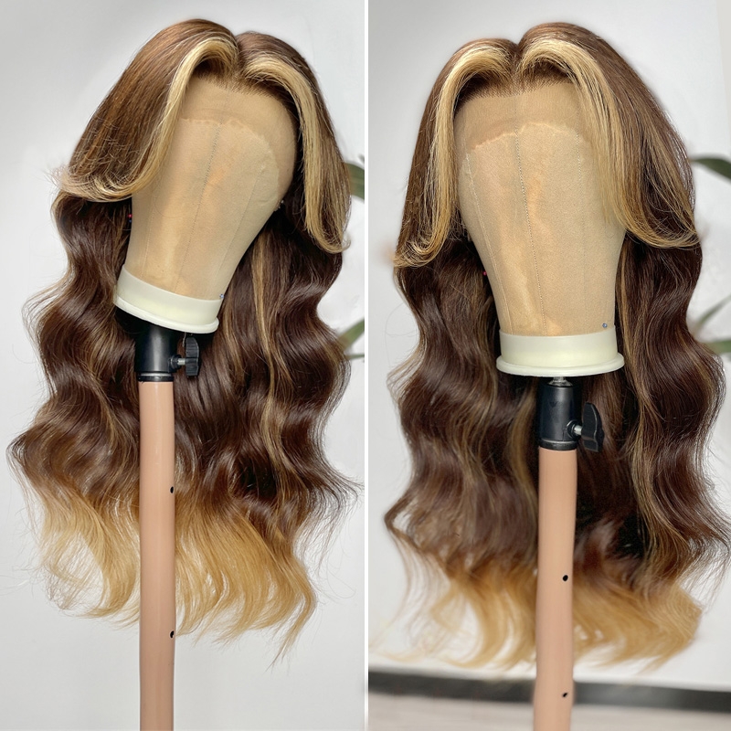 

Nadula Long Wolf Cut Curtain Bangs Brunette Chestnut with Blonde Highlights Lace Front Wave Wigs