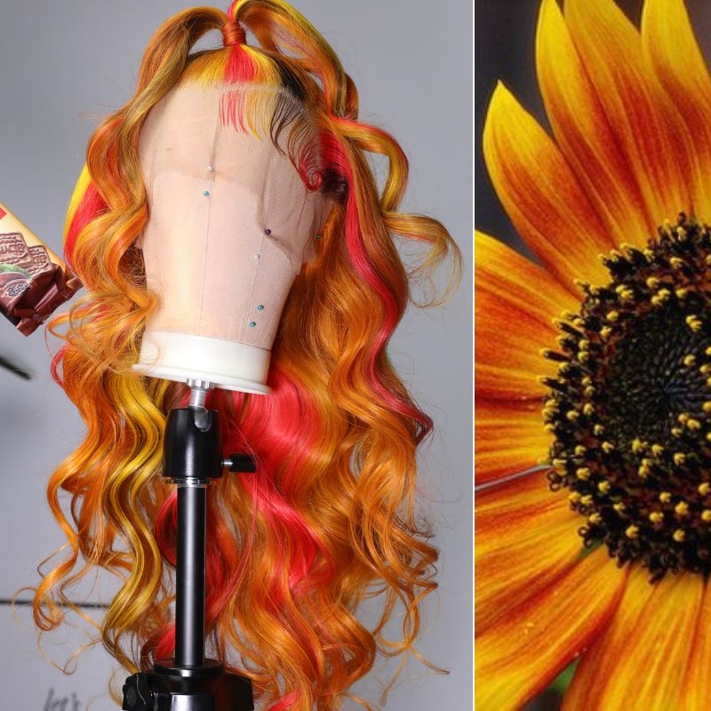 

Nadula Red Sunflower Human Hair Wigs Red Orange Lace Frontal Loos