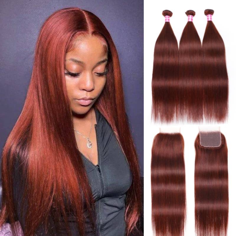 

Nadula Dark Ginger Straight Hair Bundles with Closure 33B Reddish Brown Lace Closure with 3 Bundles Auburn Human Hair with Closure