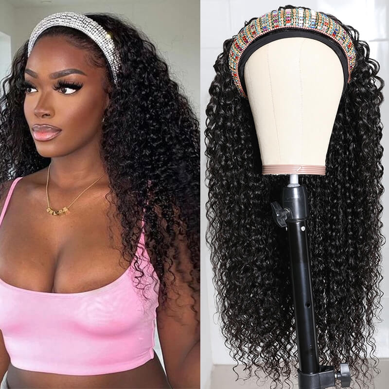 

Nadula 14 Inch Jerry Curly Wig Headband Wig Glueless Human Hair 150% Density Wig