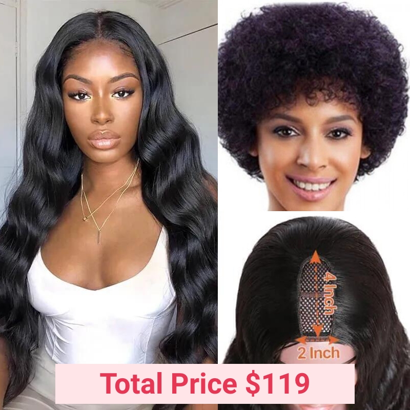 

Nadula Whatsapp 2 Wigs Flash Deal Body Wave 20'' U Part Hair Wig With Afro Curly Short Wig