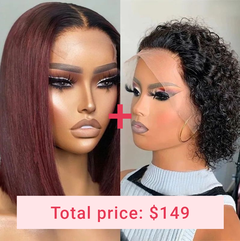 

Nadula 10 Inch Ombre 99J Lace Closure Bob Wig +6 Inch Curly Pixie Cut Wig