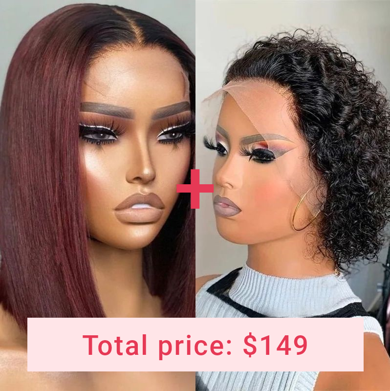 

Nadula Whatsapp 2 Wigs Flash Deal 10 Inch Ombre 99J Lace Closure Bob Wig +6 Inch Curly Pixie Cut Wig