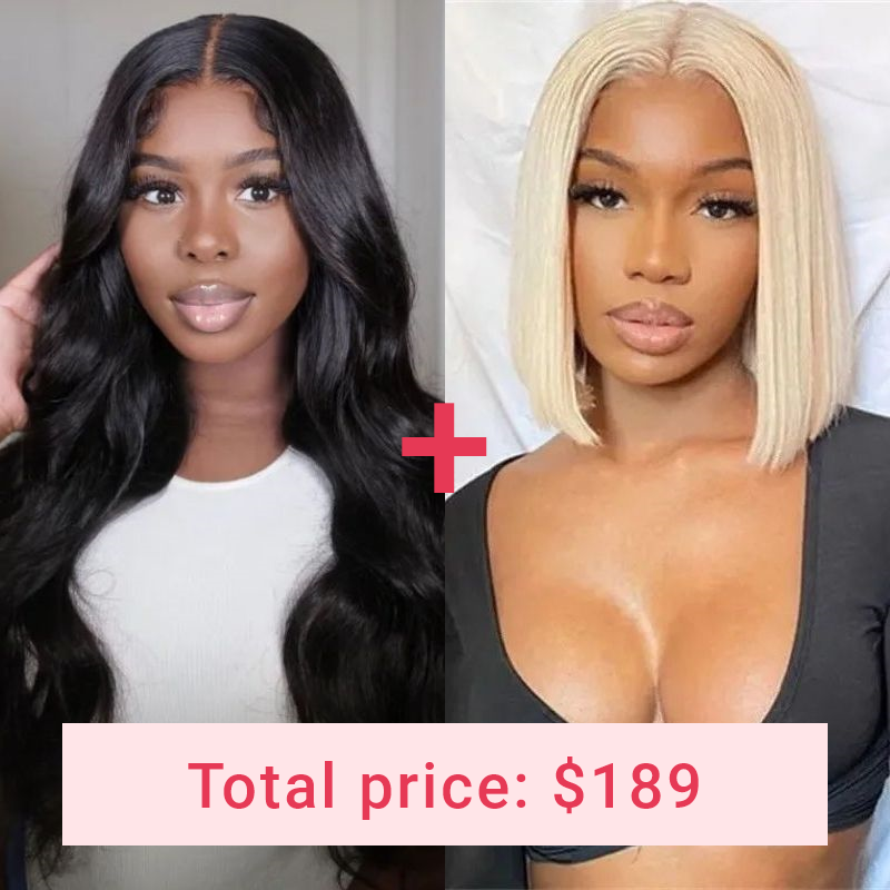 

Nadula Whatsapp 2 Wigs Flash Deal 16 Inch Body Wave V Part Wig + 10 Inch 613 Bob Lace Closure Wig