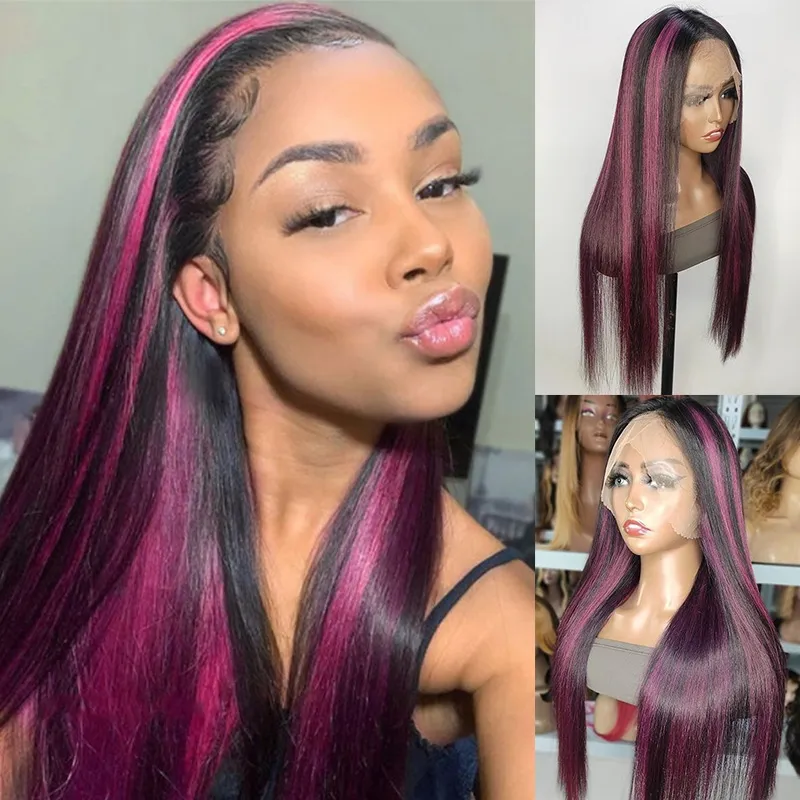 

Nadula Whatsapp Flash Deal Black Lace Front Straight Wig With Purple-Pink Highlights
