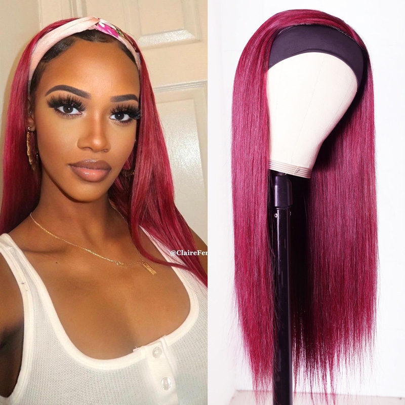 

Nadula 24 Inch Straight Human Hair Headband Wigs Burgundy Wigs