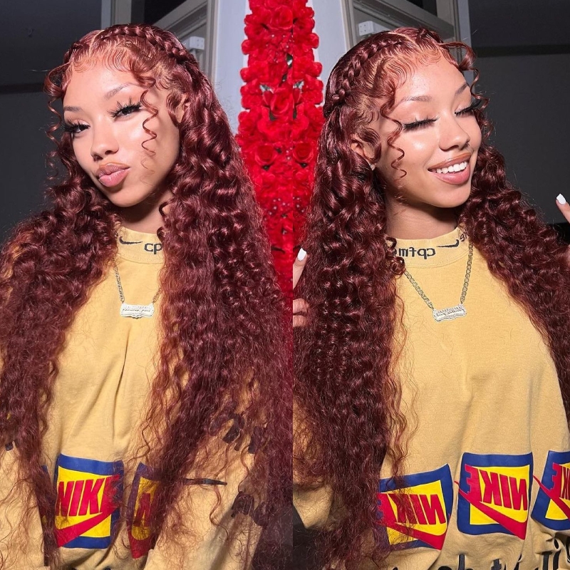 

Nadula Auburn Color Water Wave Wig 13x1 T Part Lace Frontal Wig Affordable Reddish Brown Human Hair Wigs for Women