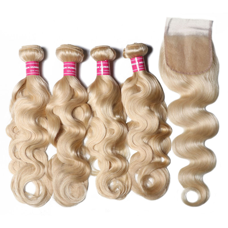 

Nadula Unprocessed Virgin Human Hair 613 Blonde Virgin Human Hair Wave 4 Bundles Body Wave With Lace Closure