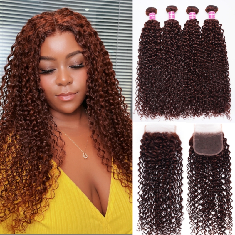 

Nadula Auburn Curly Human Hair 4 Bundles with Closure 33B Reddish Brown Hair Bundles with Lace Closure Dark Ginger