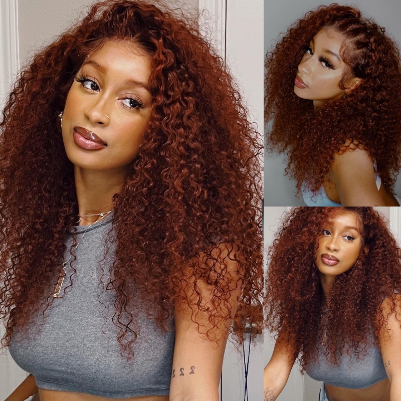 

Nadula 33B Reddish Brown Curly Air Wig Glueless 4x4 Lace Closure Wig Pre-cut Lace Colored Human Hair Wigs