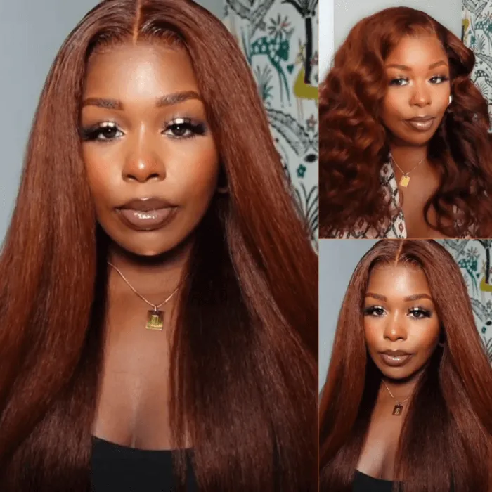 

Nadula Reddish Brown Color 13x4 Lace Front Kinky Straight Human Hair Wig With Super Natural Hairline