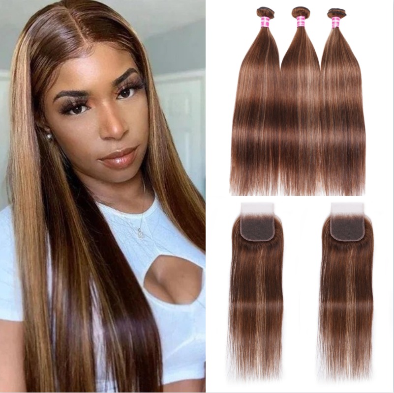 

Nadula Straight Human Hair Bundles With Closure Piano Honey Blond Highlight Brown Color 3 Bundles with Lace Closure