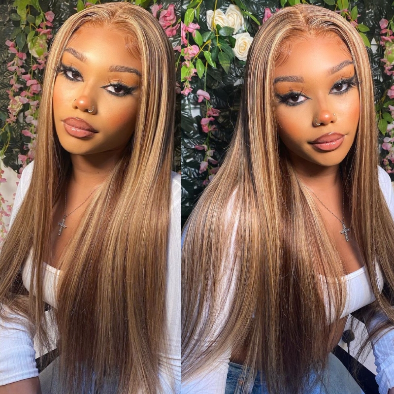 

Nadula Straight Highlight Wig Human Hair 4x4 Lace Closure Wig Pre-plucked Honey Blonde Highlight Piano Color Human Hair Wigs