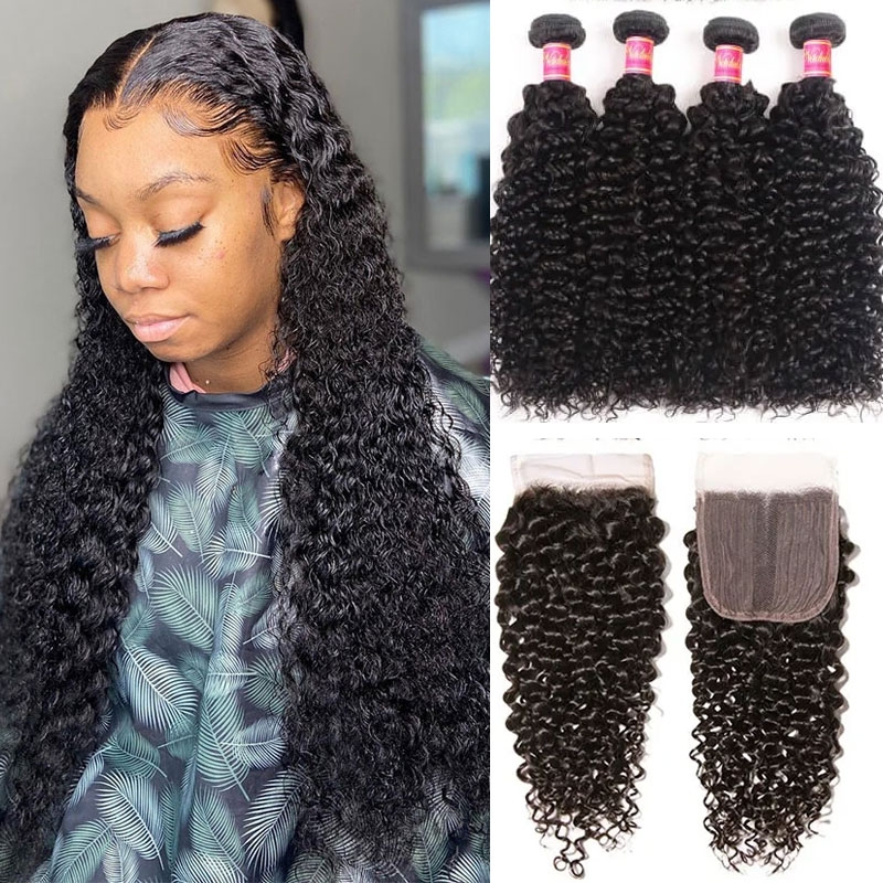 

Nadula Brazilian Jerry Curly Middle Part Closure With 4 Bundles Human Hair Weave Good Quality