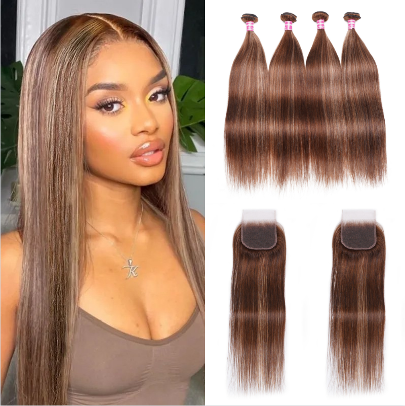 

Nadula 4 Bundles with Lace Closure Piano Honey Blonde Highlight Straight Human Hair Extension