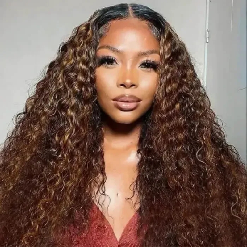 Nadula FB30 Honey Blonde Highlight Wig Human Hair 4x4 Curly Lace Closure Wig Pre Plucked Affordable Human Hair Wigs 130% Density