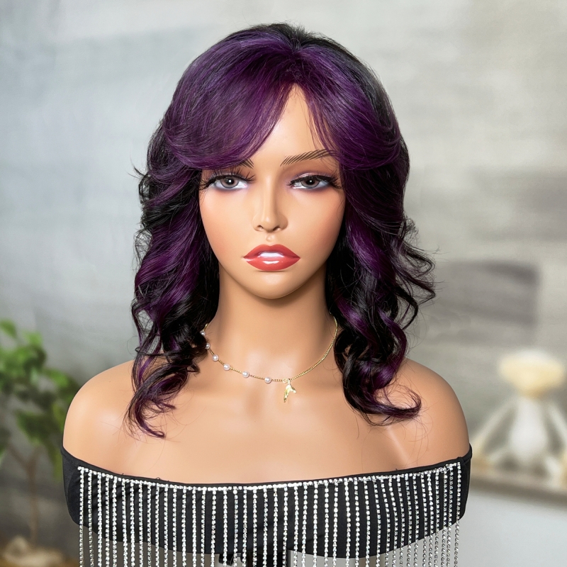

Nadula Purple Stripe Loose Wave Highlight Wig Open Weft Glueless Wig With Bangs Wolf Cut Air Wig with Streaks In The Front