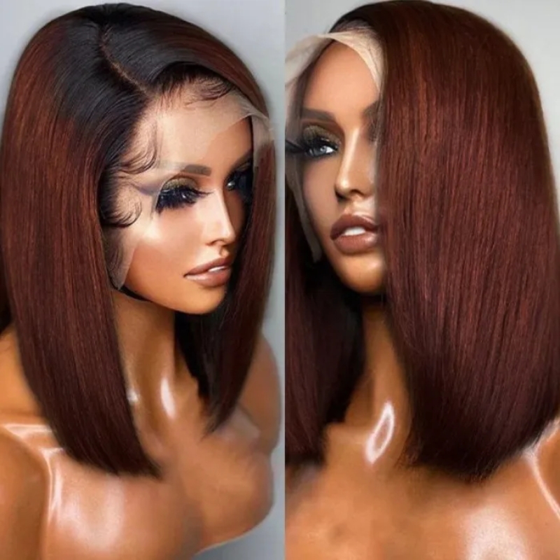 

Nadula Auburn Highlight Bob Wig 13x4 Reddish Brown Highlight Wig Human Hair #33B Dark Ginger Piano Color Straight Lace Frontal Wig Pre Plucked