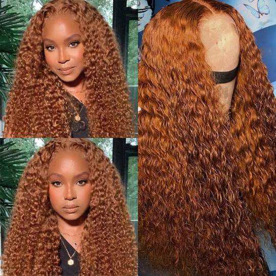 

Nadula #30 Ginger Color Curly and Natural Black Deep Wave Lace Front Wig Pre Plucked Sample Wig Can't Be Changed Or Returned