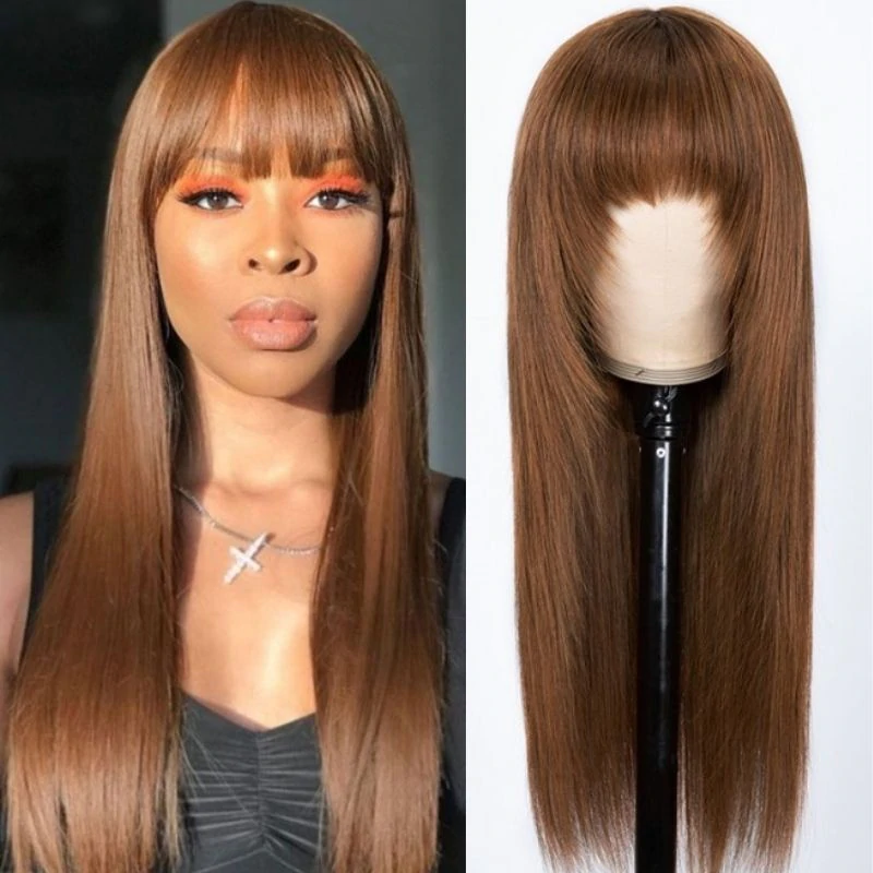 

Nadula Dark Brown #4 Color Straight Wig Glueless Layer Cut Wig 100% Human Hair Wig With Bangs