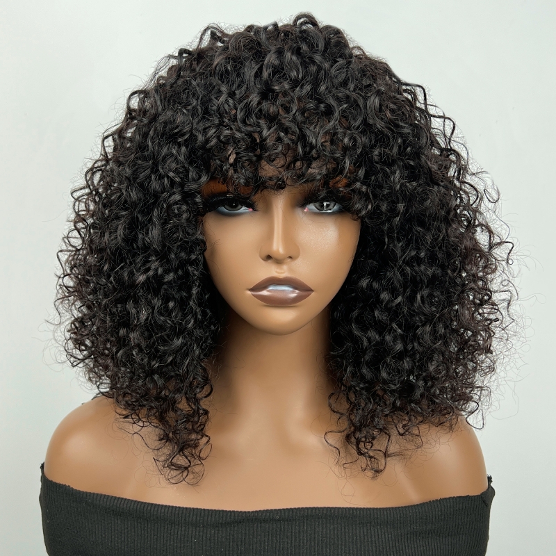 

Nadula Glueless Air Wig Short Bouncy Curl Bob Wig With Bangs Natural Color Curly Human Hair Wigs