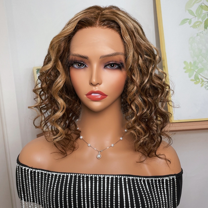 

Nadula Big Bouncy Curly Highlight Brown Short Bob Wig 13*5*0.5 T Part Lace Frontal Middle Part Human Hair Wavy Wig Piano Honey Blond Ombre Wig