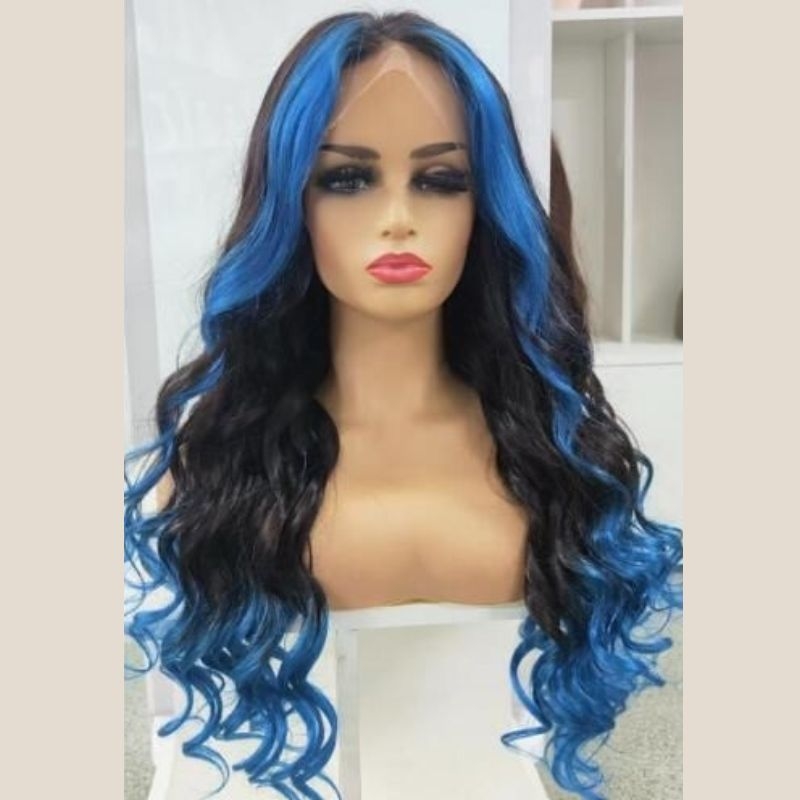 

Nadula Long Lace Front Wavy Black Ombre Blue Highlight Wig Specia