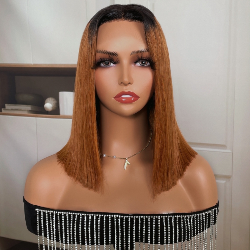 

Nadula Blunt Cut Short Bob T Part Lace Wig Auburn Brown Color With Dark Roots