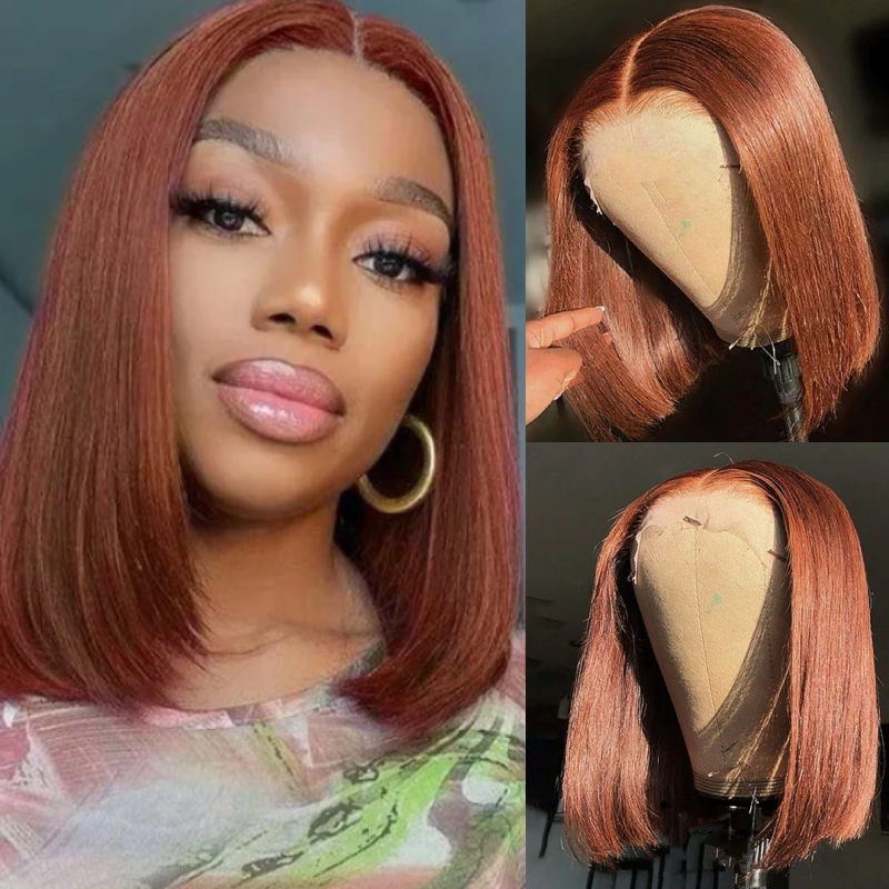 

Nadula Auburn Bob Wig 13x4 Reddish Brown Straight Human Hair Wigs #33B Dark Ginger Short Lace Frontal Wig Pre Plucked with Natural Hairline