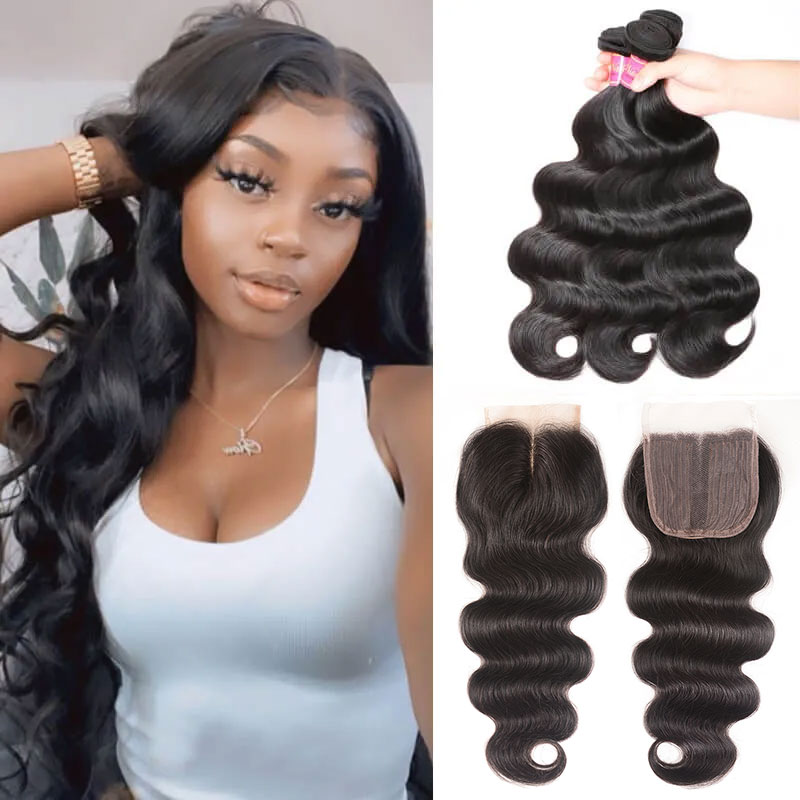 

Nadula 3 Bundles Virgin Human Hair Weave Body Wave Hair With New In Cost-effective T Part Lace Closure