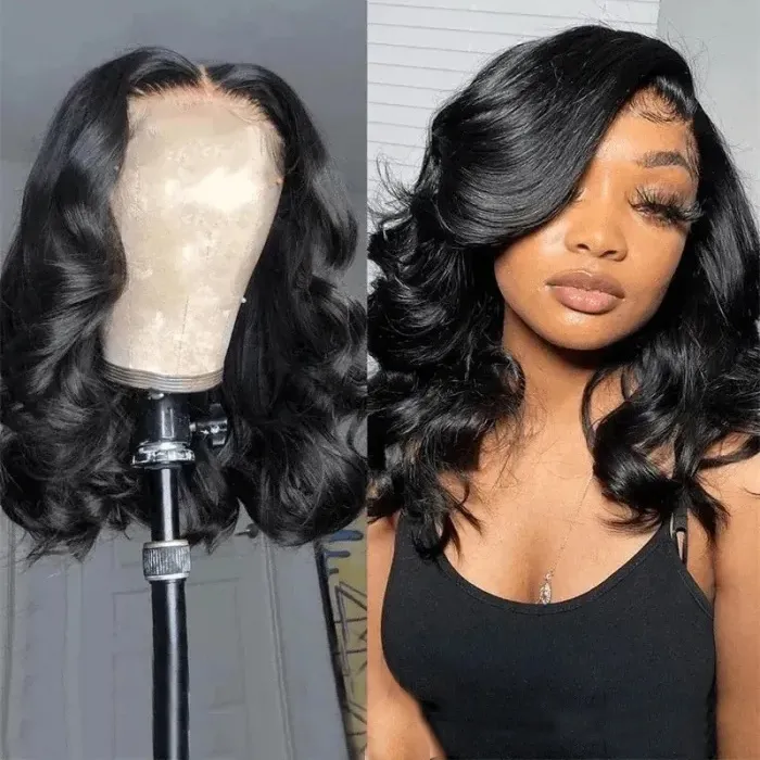 

Nadula Whatsapp Flash Deal Body Wave Short Bob Wig Natural Black Lace Front 13X5X0.5 Middle T Part Lace Pre Plucked Hairline