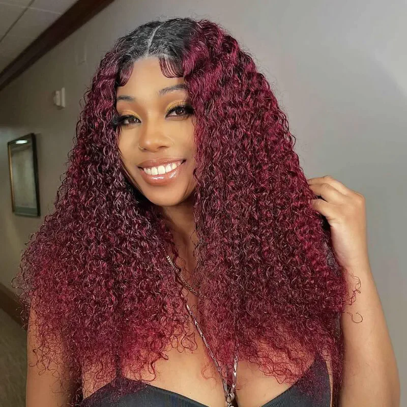

Nadula Free Gift 16 Inch Glueless V Part 99J With Dark Roots Human Hair Wig For HD Lace Order Over $399