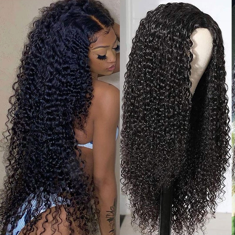 

Nadula T Part Human Hair Hand Tied Lace Wigs 150% Density Curly Hair Wigs With Natural Hairline #1B Natural Black