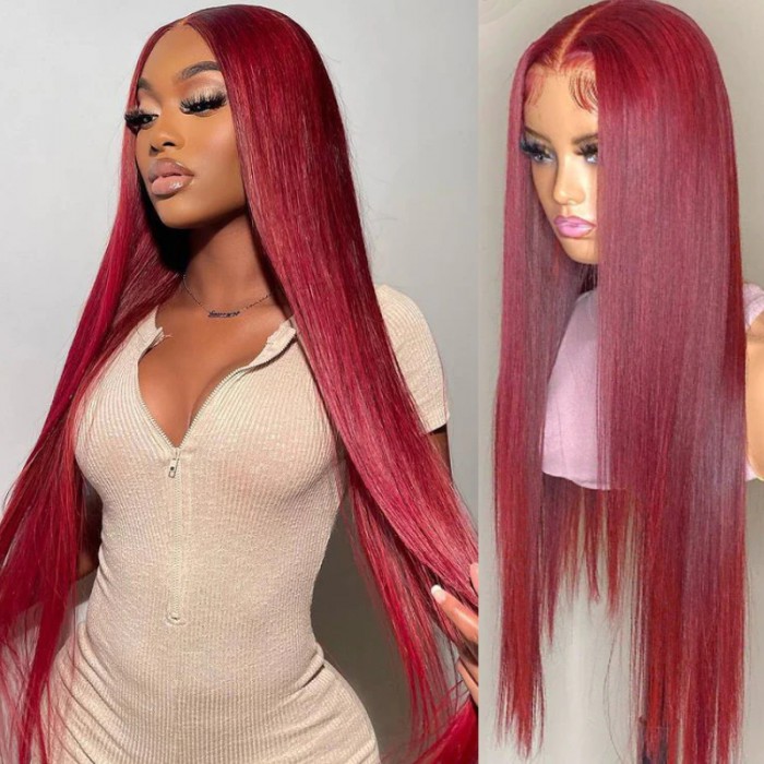 Nadula Colored Wigs 13x4 99J Straight Lace Front Wigs Red Wine Color Virgin Human Hair Wigs 150% Density