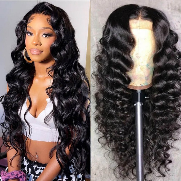 Nadula Loose Wave 13x4 Lace Front Wig Glueless Natural Black Human Hair Wigs Pre Plucked