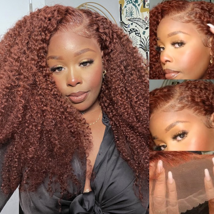 Dominique A. Recommend Nadula 13x4 Kinky Curly Lace Frontal Wig Reddish Brown Lace Front Human Hair Wigs Dark Auburn Color 