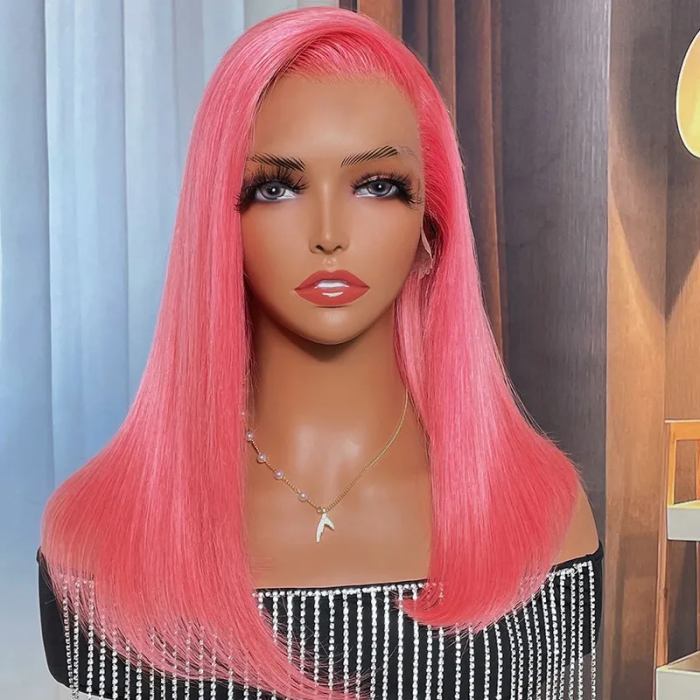 Nadula Shoulder Length Straight Blunt Cut Pink Bob Wig 13*4 Lace Front Pink Color Blunt Cut Wig