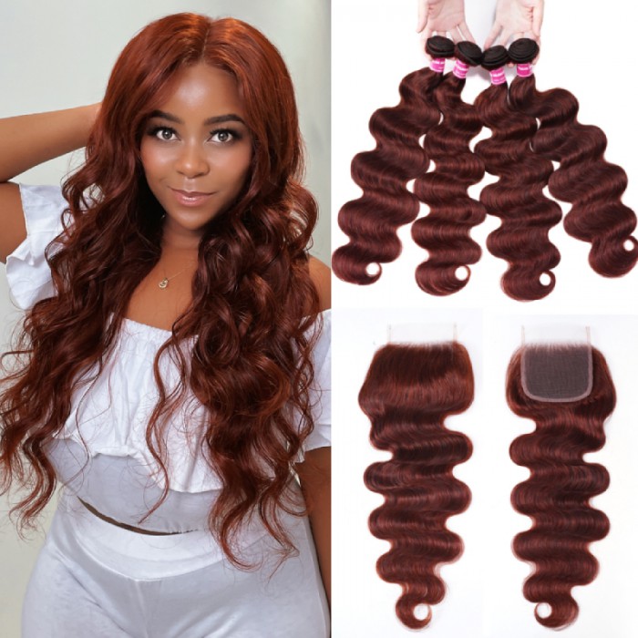 Nadula Reddish Brown Body Wave 4 Bundles with Closure 33B Auburn Human Hair Bundles with Lace Closure