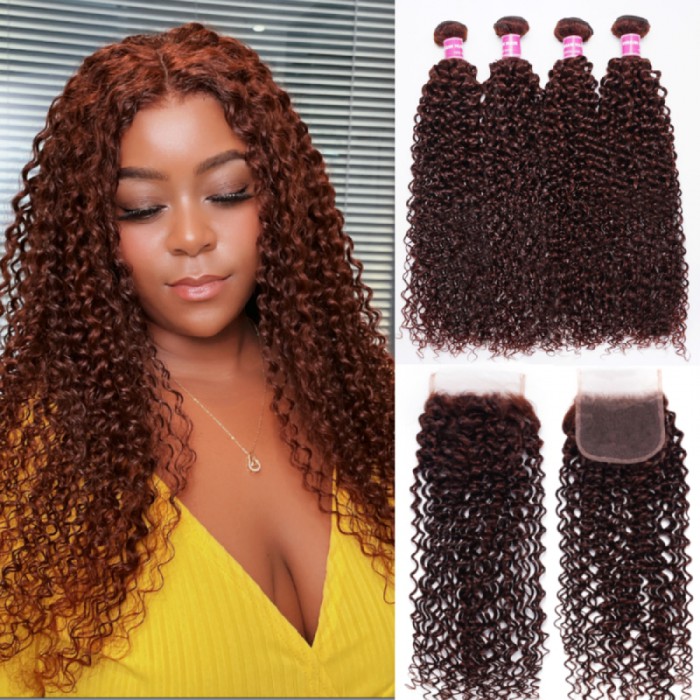 Nadula Auburn Curly Human Hair 4 Bundles with Closure 33B Reddish Brown Hair Bundles with Lace Closure Dark Ginger