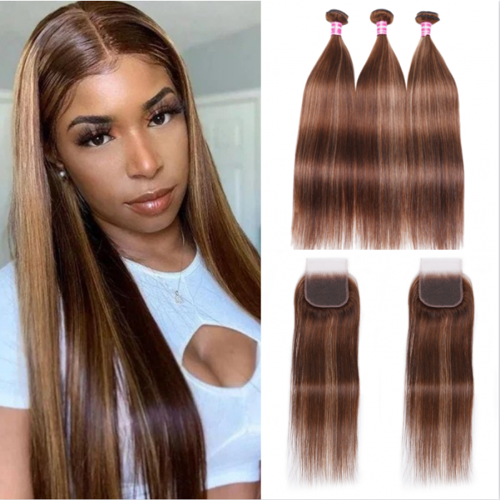 Nadula Straight Human Hair Bundles With Closure Piano Honey Blond Highlight Brown Color 3 Bundles with Lace Closure
