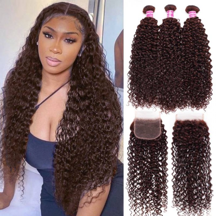 Nadula Auburn Curly Human Hair Bundles with Closure 33B Reddish Brown Hair 3 Bundles with Lace Closure Dark Ginger