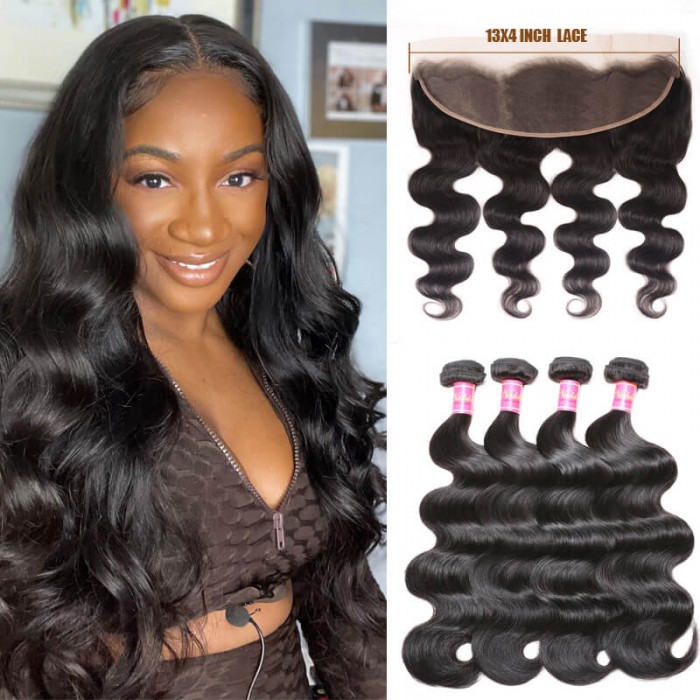 4 Bundles Body Wave Virgin Hair Weave With Lace Frontal Closure 13x4 Soft Nadula Human Hair