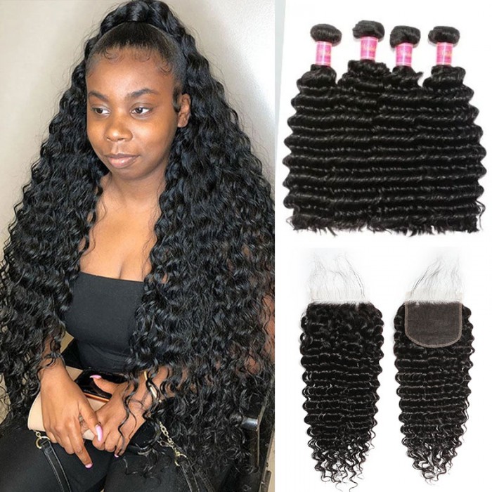 Nadula Deep Wave HD Lace Closure 5x5 With Bundles 12 Inch -26 Inch Deep Wave Hair Weaves 4 Bundles With Closure
