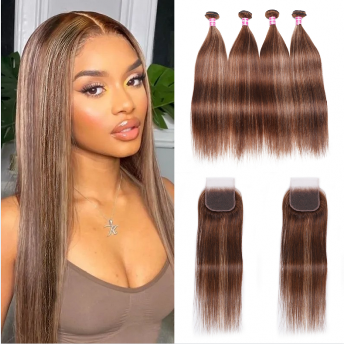 Nadula 4 Bundles with Lace Closure Piano Honey Blonde Highlight Straight Human Hair Extension